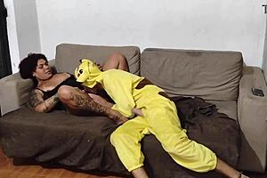 Caught Nerdy Pikachu Cosplayer Masturbating in Living Room