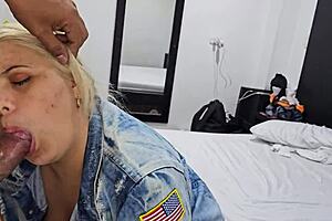 Beautiful golden-haired blonde makes my cock grow with her mouth, sucking and licking it passionately