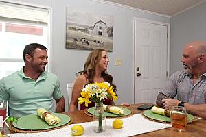 Milf seduces big cock guy while husband clueless on work call