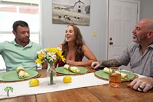 Milf seduces big cock guy while husband clueless on work call