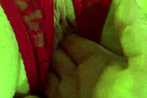 Wet shaved pussy in red thongs fingered