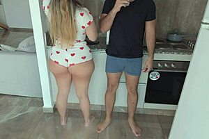 watch my big ass stepsister teasing me in the kitchen until we fuck