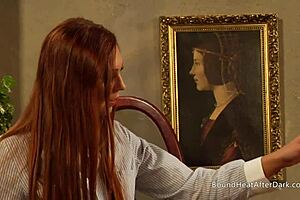 Two Hot Lesbian Slaves Kissing Together With Madame Touching Them