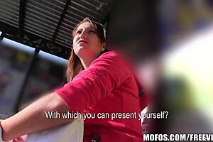 redhead model picked up for outdoor blowjob at bus stop