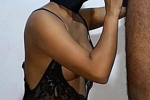 black babe sucks dick, pulls cum with two mouths