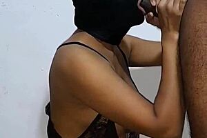 black babe sucks dick, pulls cum with two mouths