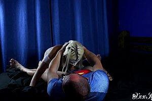 Amateur couple in white bodysuit mask engages in home sex with blowjob, cunnilingus, and doggystyle cum