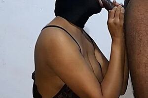 black babe sucks dick, pulls cum with two mouths