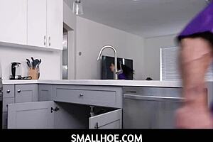 Small brunette teen seduced by older man in passionate encounter.