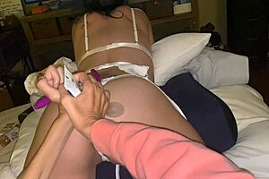 cute girl stretches all holes with toys