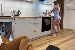 Intriguing Slutty Wife Gets Fucked by Huge-Cocked Black Plumber in Wet Kitchen