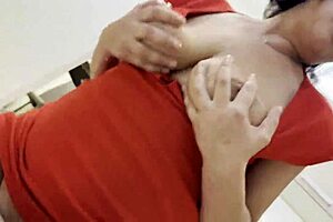 Mature teacher gets bent over and hard fucked in the kitchen by a horny stud, moaning loudly during rough doggystyle.