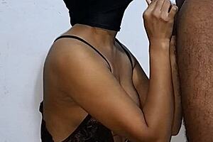 black babe sucks dick, pulls cum with two mouths