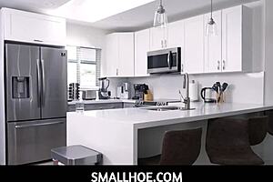 Small brunette teen seduced by older man in passionate encounter.