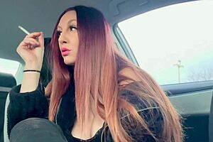 Italian long hair big tits milf artemisia love cigarette smoking in the car and showing her nipple