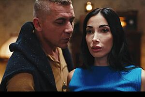 French brunette with huge fake tits gets nipples sucked then face fucked and cum in mouth while bound