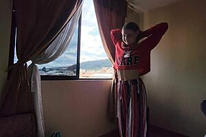 Sexy blonde sucks big cock in hotel mirror