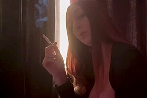 Emotional solo session: Artemisia Love smokes cigarette, feeling hot with long hair and big tits
