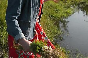 beautiful brunette flashes ass and hairy pussy outdoors