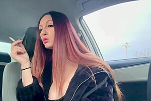 Italian long hair big tits milf artemisia love cigarette smoking in the car and showing her nipple