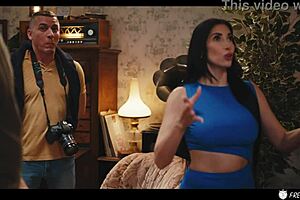 French brunette with huge fake tits gets nipples sucked then face fucked and cum in mouth while bound