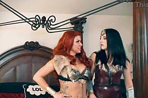 Deadpool, Wonder Woman, Red Sonja, Green Lantern in lesbian foursome cosplay.