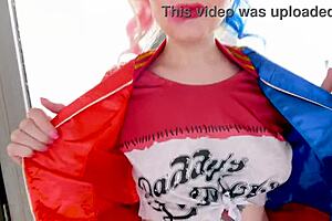 Arielle aquinas as sexy harley quinn look-a-like performs huge cock blowjob and cum swallow with fleshlight