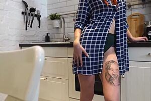 Quickie with hot tattooed neighbor in the kitchen, bending over for rough doggystyle fucking and cum.