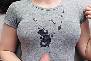 Suggestive cumshot lands on gray t-shirt