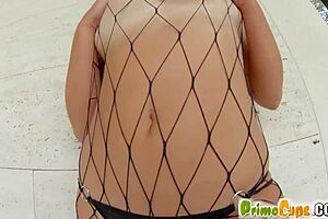 Primecups babe in fishnet teases with her boobs