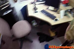 a broke babe gets caught fucking the pawnbroker on hidden cam, leading to a voyeur cumshot.