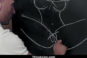 Asian chick flexes on monster cock