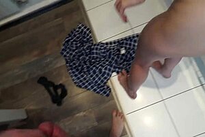 Quickie with hot tattooed neighbor in the kitchen, bending over for rough doggystyle fucking and cum.