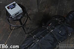 Upside down hottie has nipples clamped during hardcore sex.