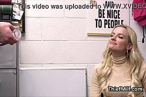 Blonde milf housewife kneels at work