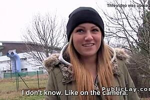 Brunette European Babe Sucks Big Cock Before Intense Outdoor POV Fucking with Monster Cock in Public.