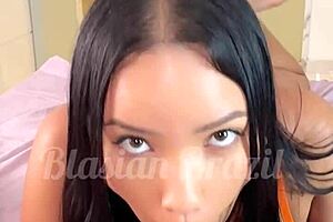 Young Japanese intern Lina tries lingerie, then rides John Coffee bareback in POV sex tape.