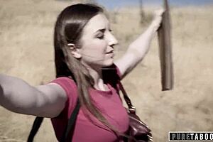 Intriguing threesome with a teen hitchhiker picked up by a taboo couple