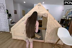 hazel moore testing the tent with her ride