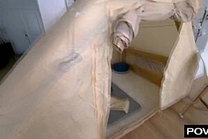 hazel moore testing the tent with her ride