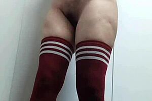Cheeky change room try-ons with thigh high socks and no panties