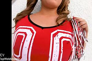 Cute cheerleader Febby Twigs sucks huge cock in POV, swallows cum.