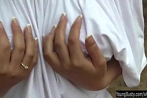 Busty teen Rita masturbates outdoors in the open air