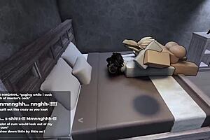 In Roblox, the player engages in an intense game session with a femboy character who begs for more challenges