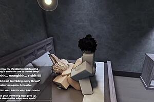 In Roblox, the player engages in an intense game session with a femboy character who begs for more challenges