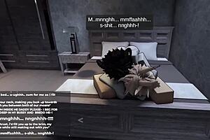 In Roblox, the player engages in an intense game session with a femboy character who begs for more challenges