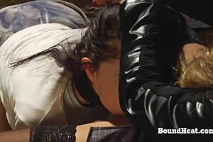 Hot Lesbian Madame Moans and Orgasms from Pussy Licking Slave in Bondage Domination Session