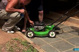 Two gardeners take a break from work to spitroast a sexy asian teen 18+