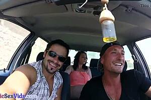 the busty brit blows publicly before outdoor sex.