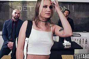 horny mature teachers double penetrate teen 18+ student in classroom